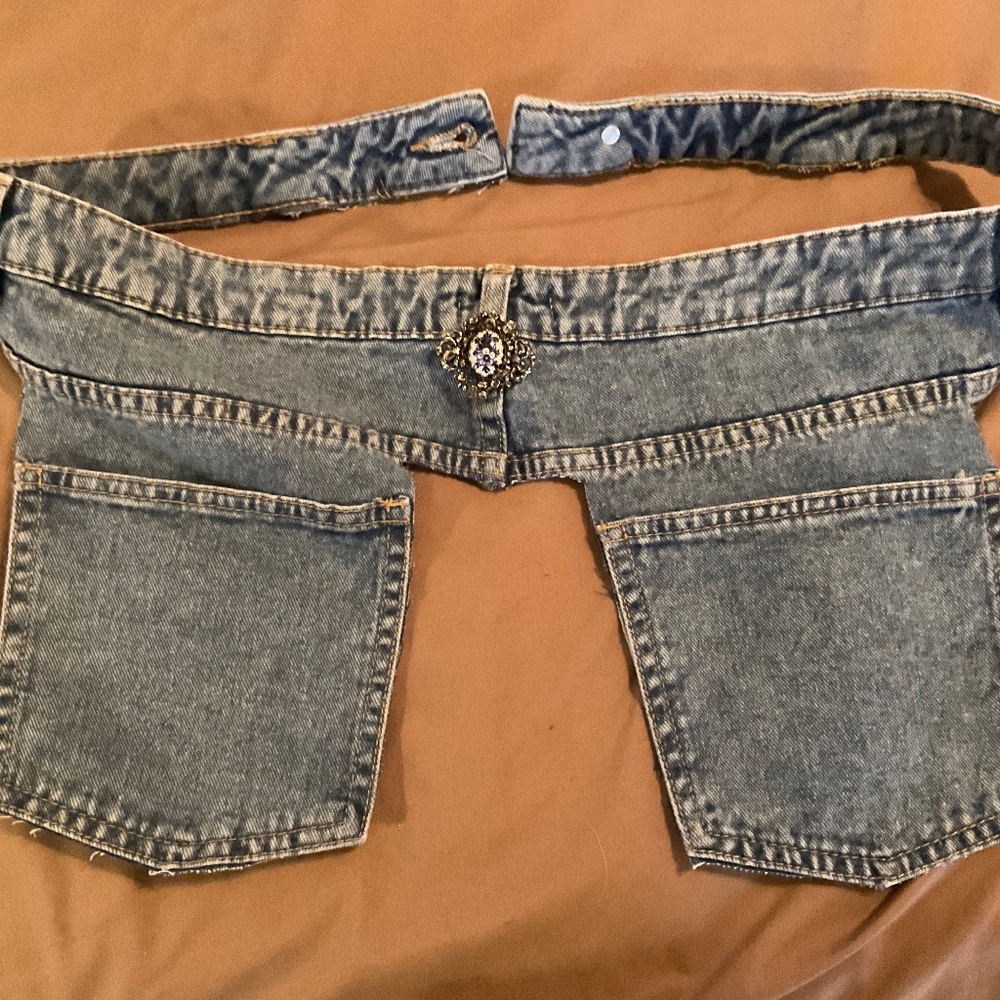 Simple double pocket handmade denim belt. 38 inches  with brooch.